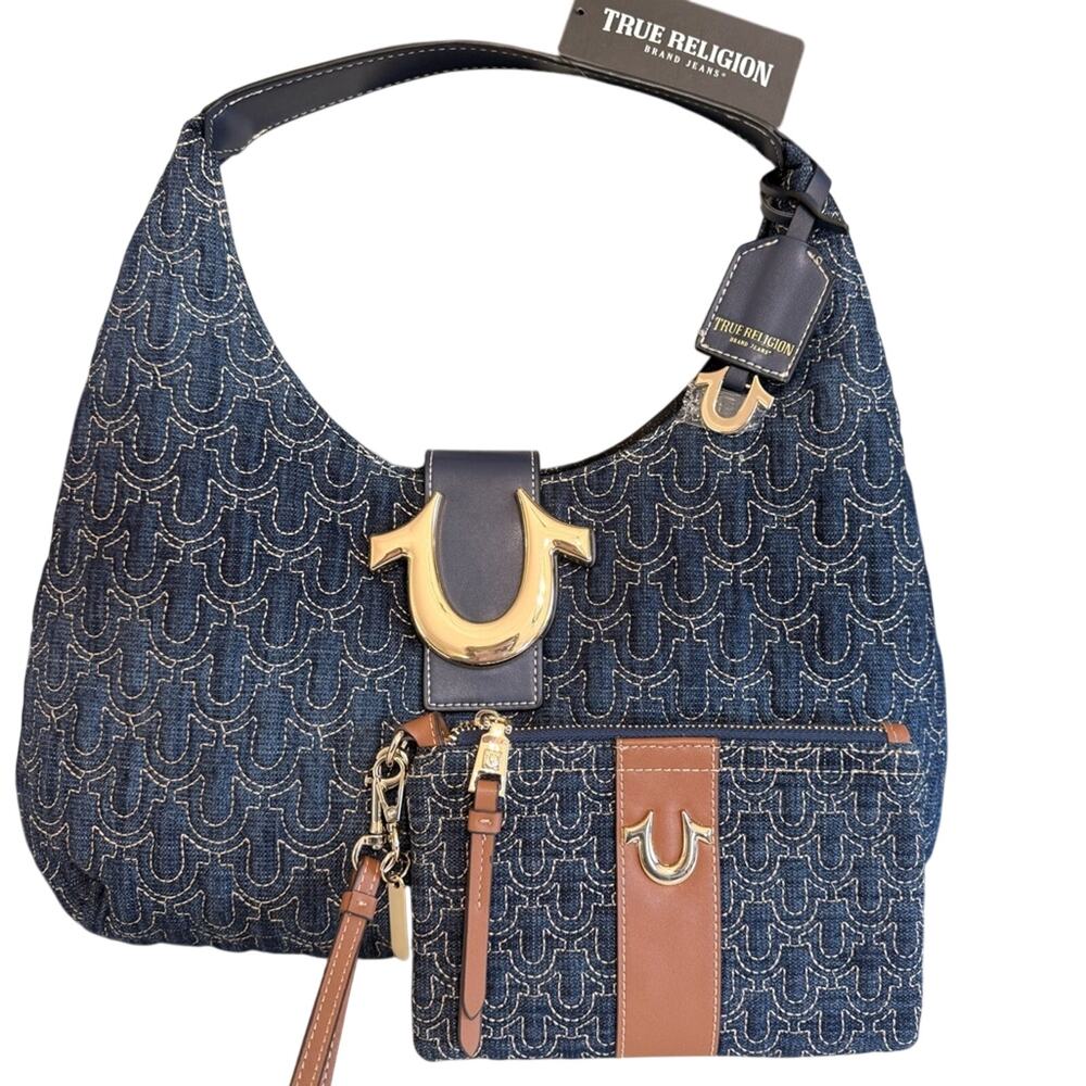 True Religion Denim Shoulder Hobo in Dark Blue with Brown Accents